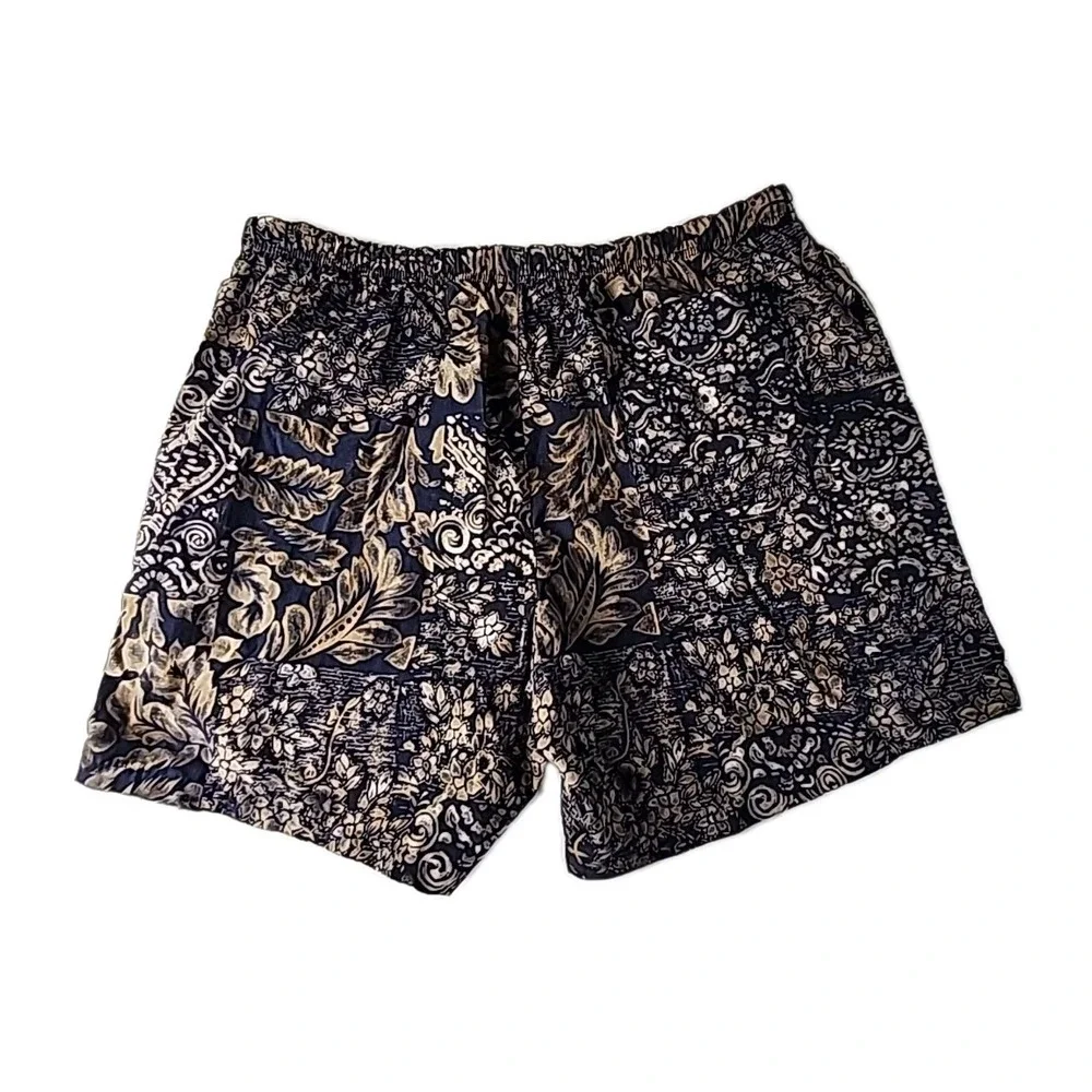 Vintage Nautica Men's Large Swim Trunks Dark Blue & Tan Hawaiian Print Nylon EUC